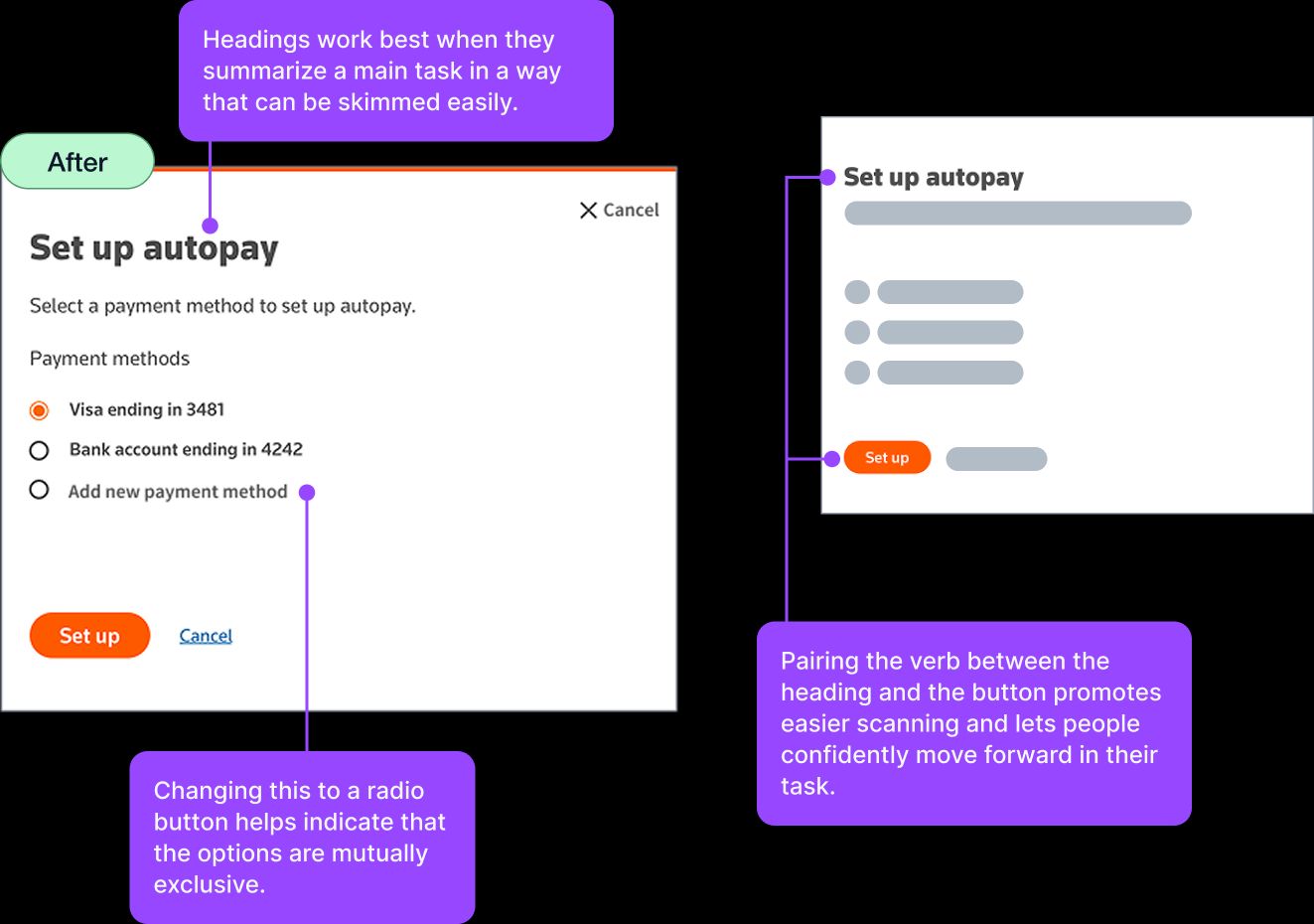 Contrasting examples of before and after UX content was updated
