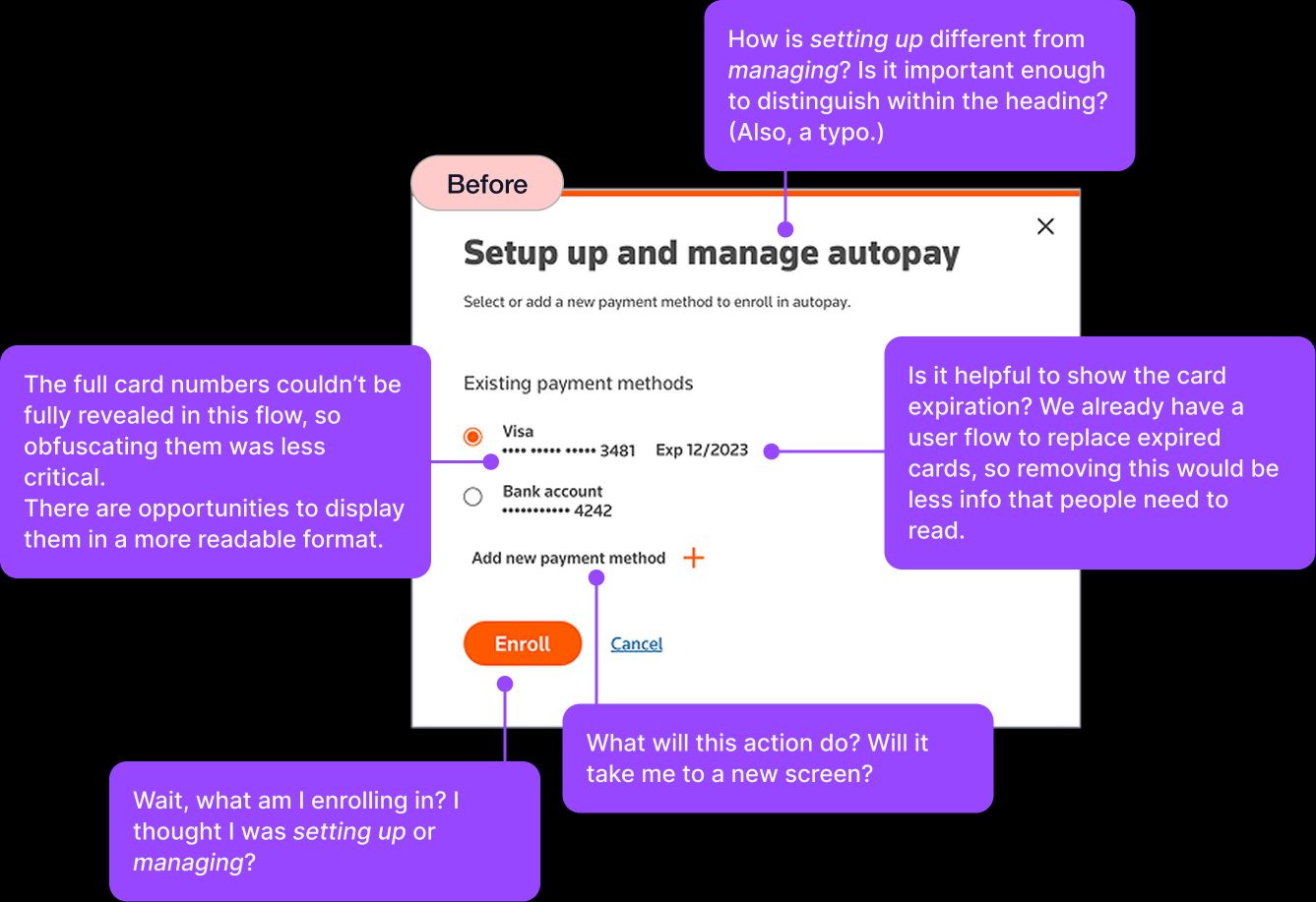 Contrasting examples of before and after UX content was updated