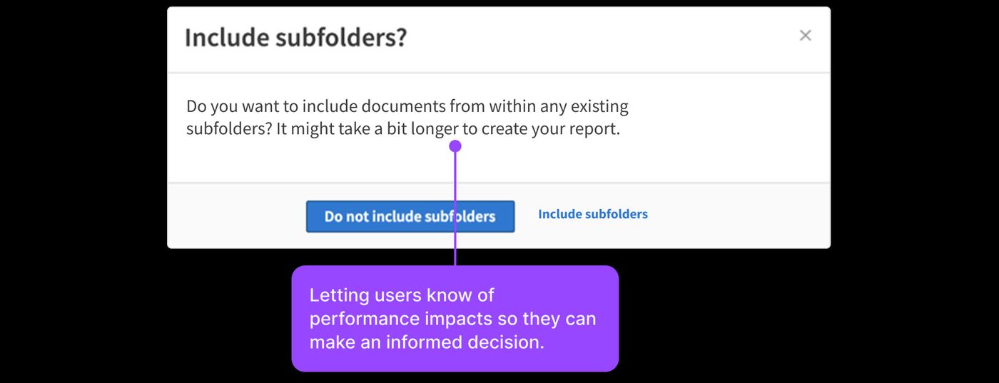 A modal dialog confirming whether users want to include nested folders in their generated report