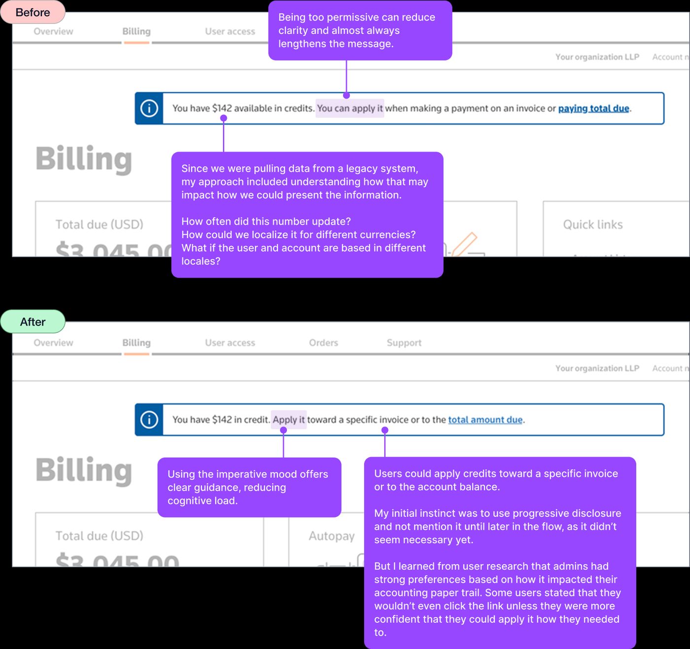 Examples of a banner notification telling users they have credits available toward their account balance